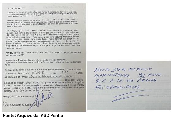Documento comemorativo dos 30 anos da IASD Penha em 1991