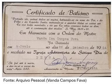 Certificado de batismo de Vanda Campos Fava, de setembro de 1964