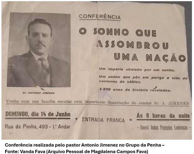 Material histórico de conferência do pastor Antonio Jimenez no Grupo da Penha